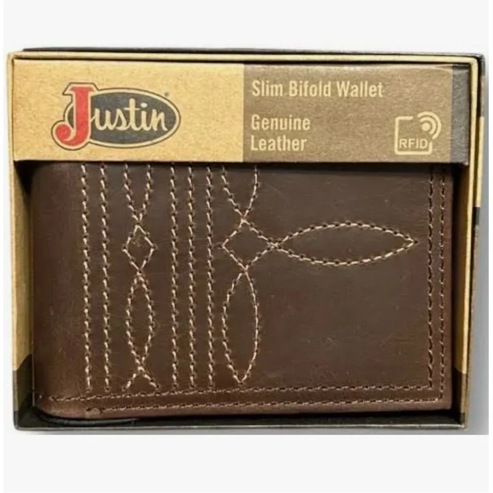 Nwt Justin Bootstitch Slim Bifold Wallet 100% Leather.